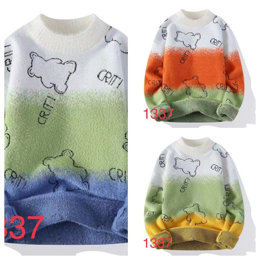 CRITI White Grey Purple Colour Bear Print Winter Men's Sweater Korean Fashion Unisex Sweater 19331