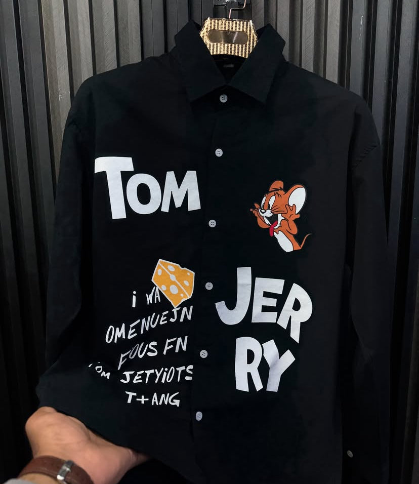 G.N Black Colour TOM JERRY  Printed Oversized Men’s Shirt 9051