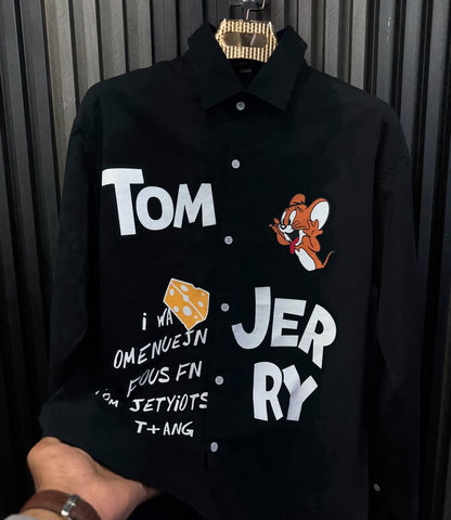 G.N Black Colour TOM JERRY  Printed Oversized Men’s Shirt 9051
