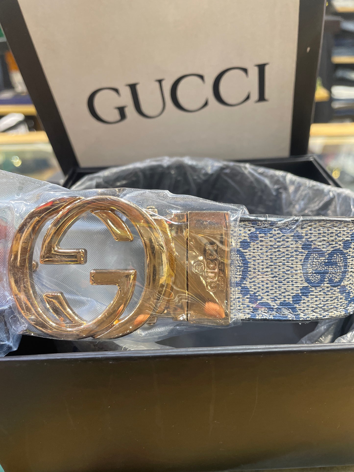 CUG GUC Beig Blue GG Print Back  Black Strap Golden Buckle Belt 989903