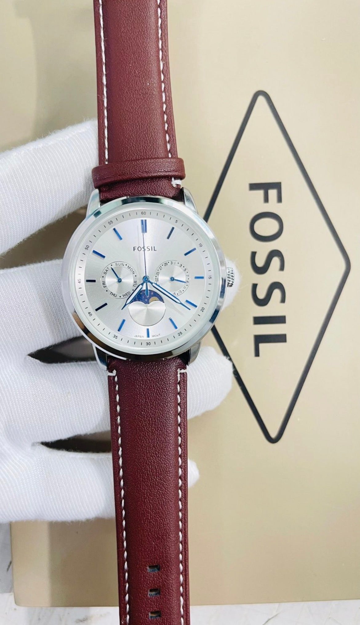 Sof Brown Strap Silver Ring White Dial Chrono Working Watch For Men 990093