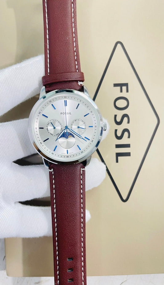 Sof Brown Strap Silver Ring White Dial Chrono Working Watch For Men 990093