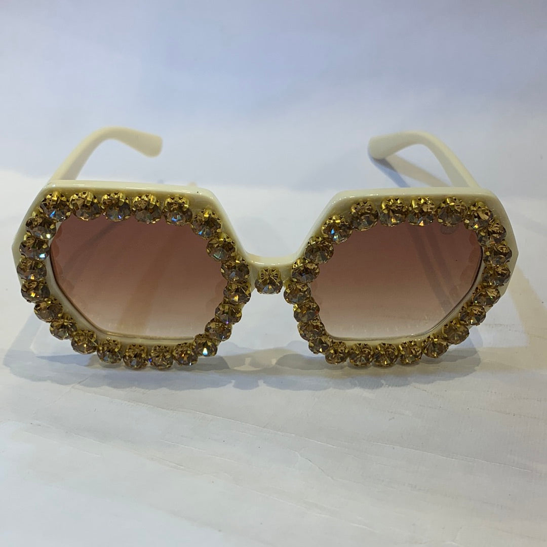 MAH Off White Frame Brown Shade Crystal Rhinestone Sunglass