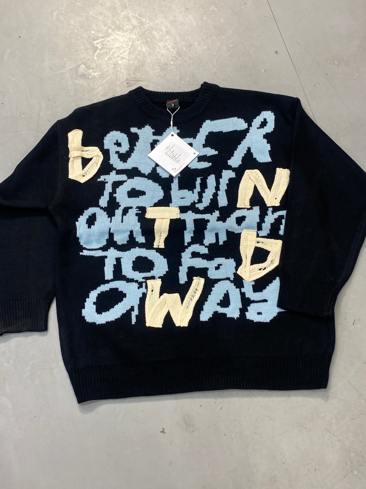 FY Black Imported White Blue Print  Crew Neck Oversized Unisex Knit Sweater FY2363