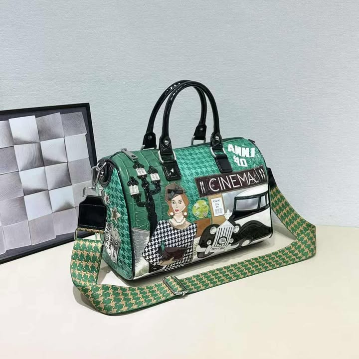 CINEMA Patch Work Stylish Lady Stud & Pearl Work Premium Quality Multicolour Leather Small Duffle Bag 414#