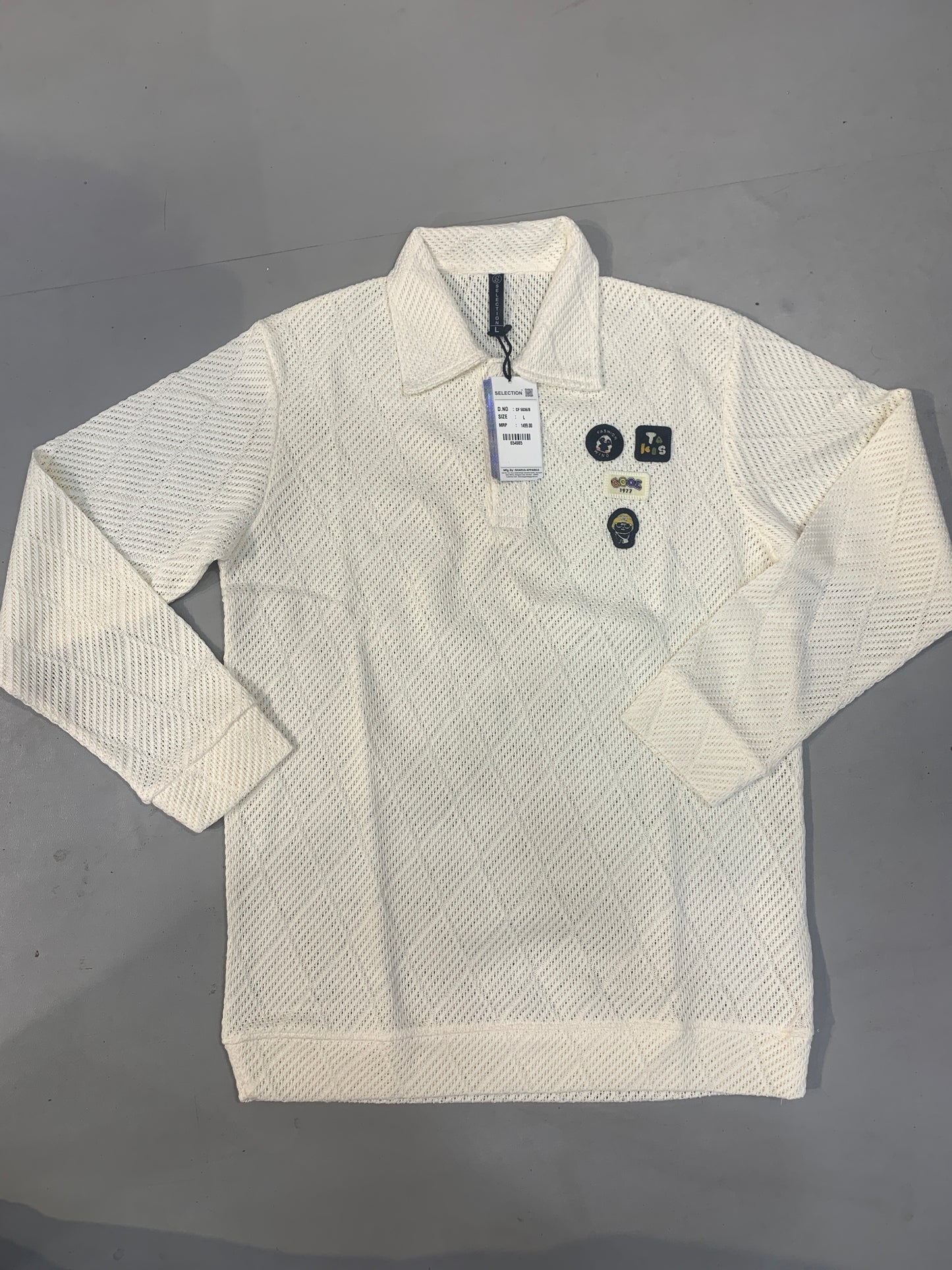 SELECTION Cream Colour Crochet Style Full Sleeve Collar T Shirt 654985