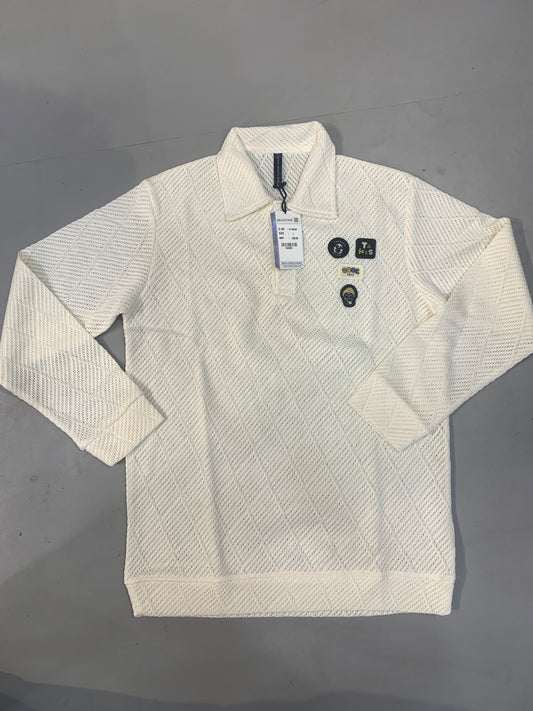 SELECTION Cream Colour Crochet Style Full Sleeve Collar T Shirt 654985