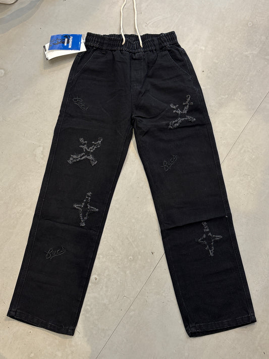 Fashion Design Black Colour Star Rugged Print Denim Jogger Pant 2880