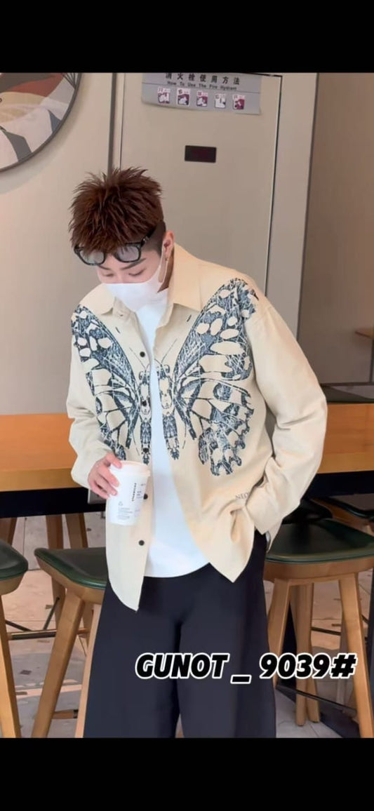 G.N Beige Colour Butterfly Print Oversized Men’s Shirt 9039