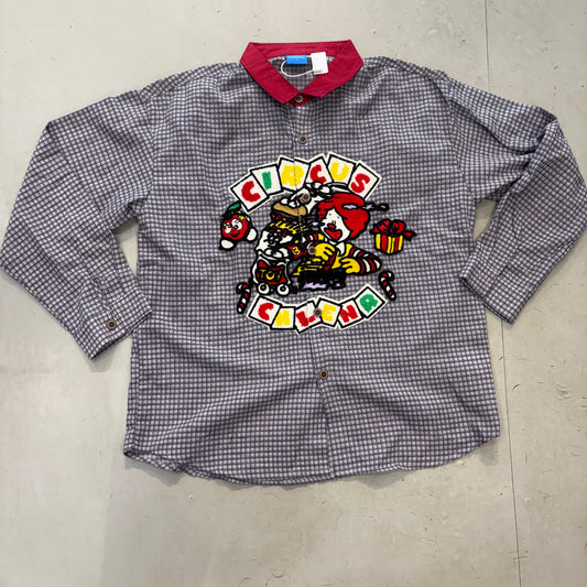 CHLEN RTEEL Grey Check Red Coller With Circus Embroidery Imported Oversized Unisex Shirt HY079
