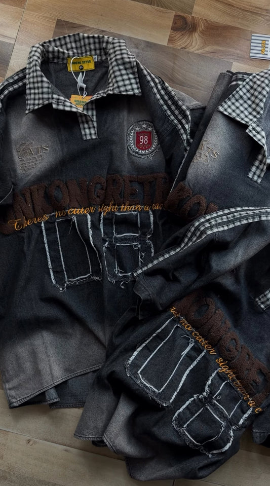 UNKONG RETRO Grey Denim With Check Collar Brown Embroidery Patch Imported Oversized Unisex Collar TShirt 8026