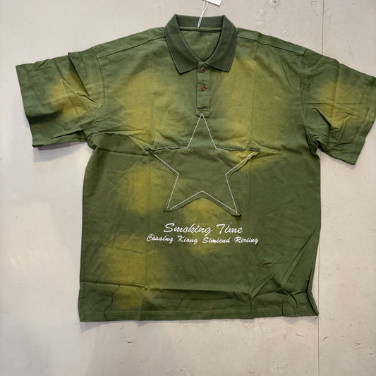 SMOKING TIME Green Colour Star Patch Imported Oversized Unisex Coller TShirt 2516