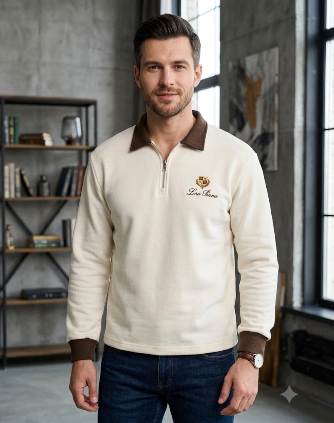 ORIGINAL DESIGN Cream Colour  LORO PIANA Embroidery Premium Quality Half Ziper Polo SweatShirt 652-A