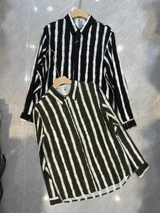 Ming Shi Black White Stripe Full Sleeve Imported Shirt 6026