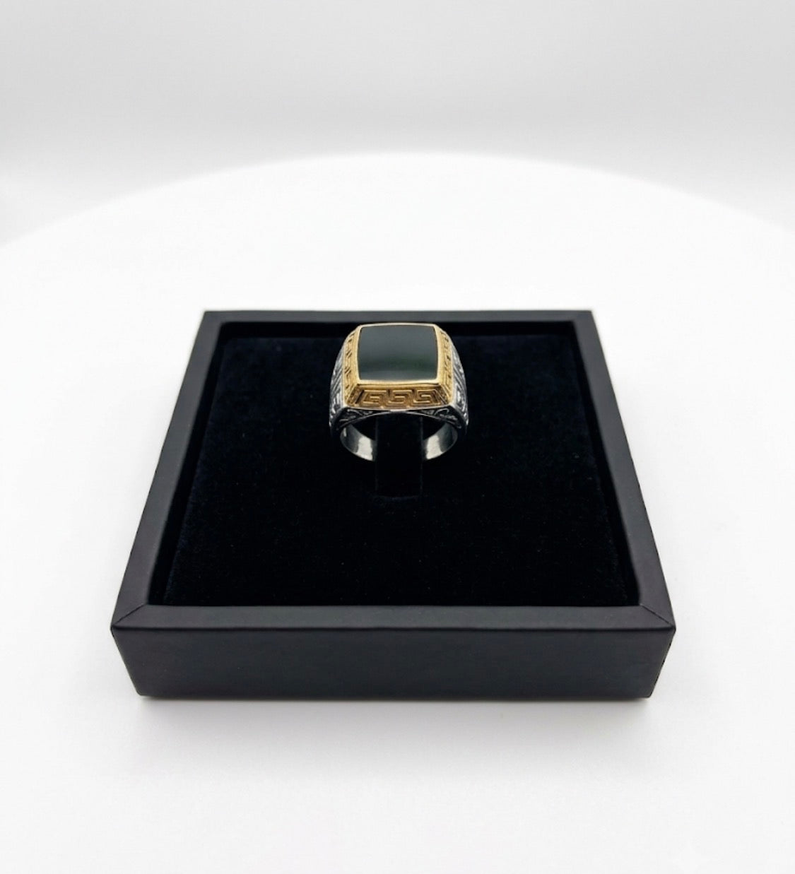 REV VER Golden Outline Black Stone Stylish Silver Ring for Men 991095