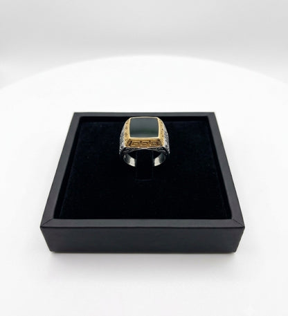 REV VER Golden Outline Black Stone Stylish Silver Ring for Men 991095