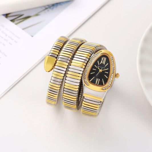 LVB Golden Silver Snake Chain Ladies Stud Black Dial Watch 989348