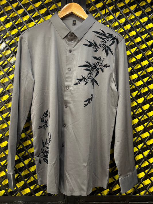 Grey Leaves Stone Printed Full Sleeve Stichless Strachable Shirt 7532