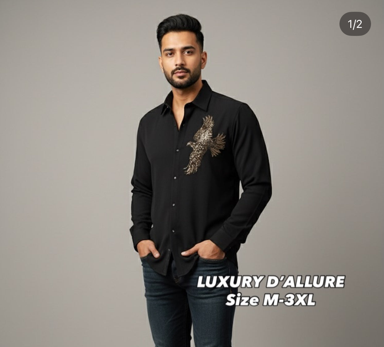 AQUARIUS Black Colour Eagle Gold Black White Stud Design Premium Quality Full sleeve Shirt 2572