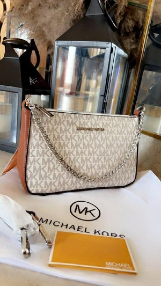 CIM MK Print Beige Brown With Silver Chain Premium Quality Ladies Sling Bag 60033