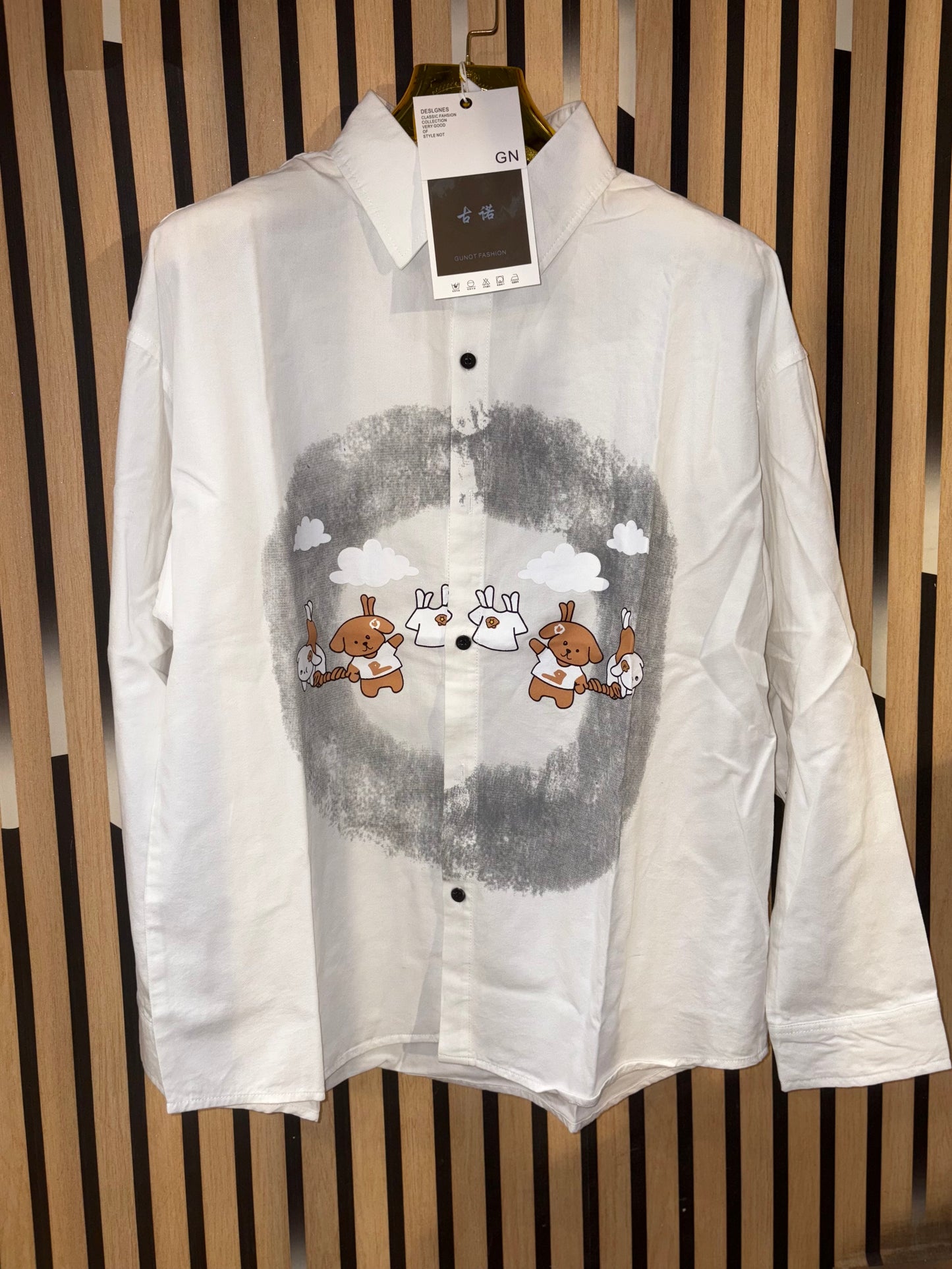 G.N White Grey Colour Puppy Teddy  Print Oversized Men’s Shirt 9052