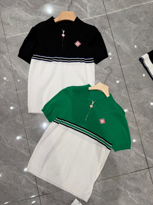 Sac Cas Black White Colour Half Zip Coller Knitted Tshirt 6201