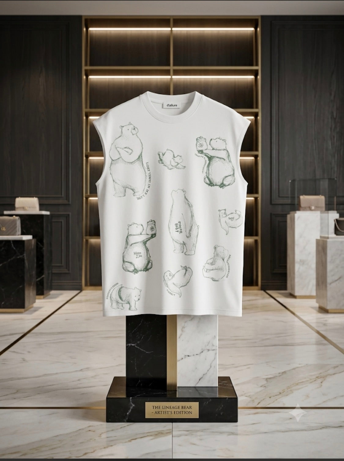 Moguan Design White Colour Green Bear Print Cut Sleeve Sando A903