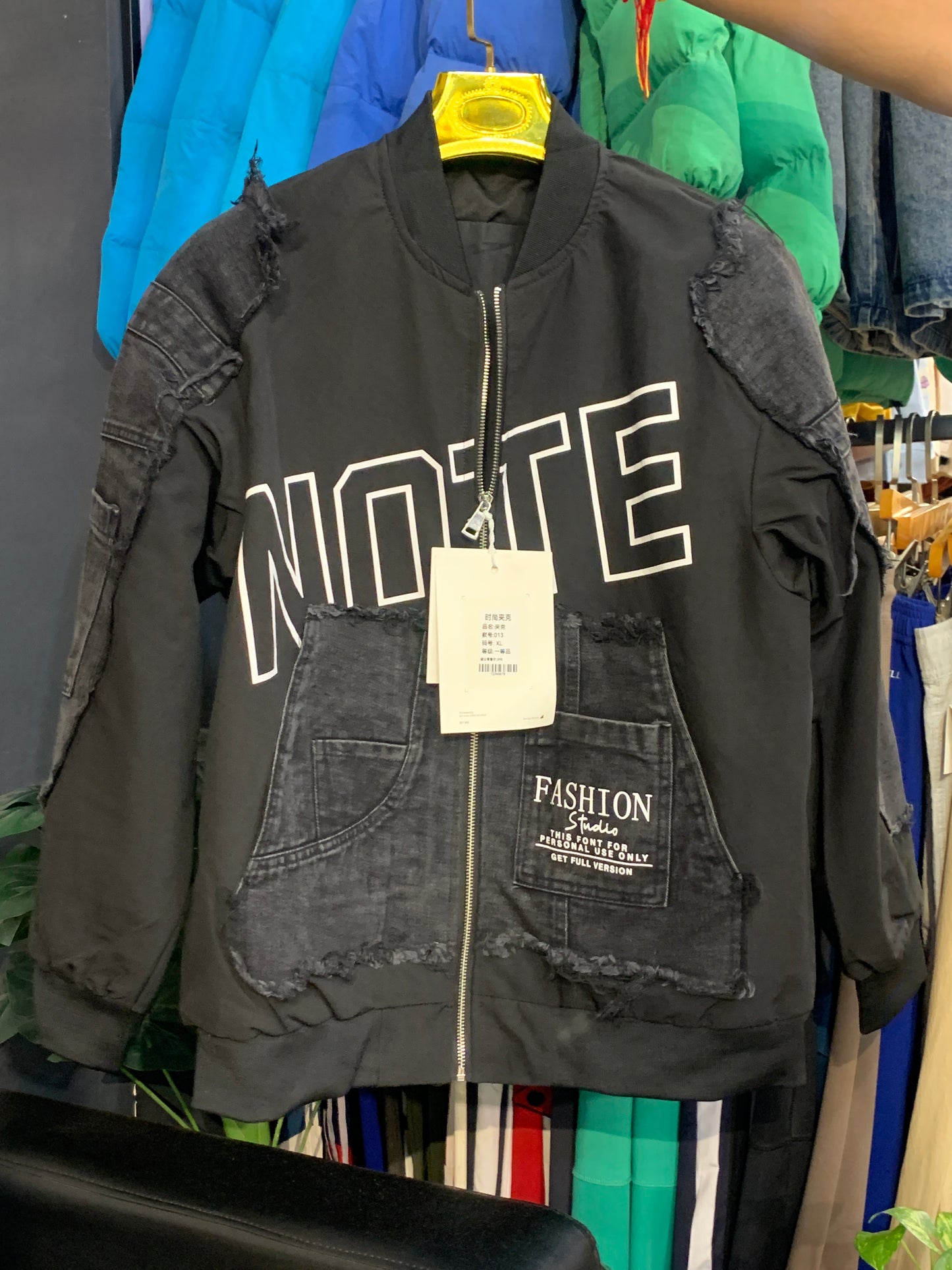 NOTE Black Colour With Rugged Denim Embroidery Design Premium Quality Unisex Varsity Jacket 013