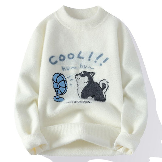 COOL HU~HU White Colour Cat Print Unisex Korean Sweater G39025