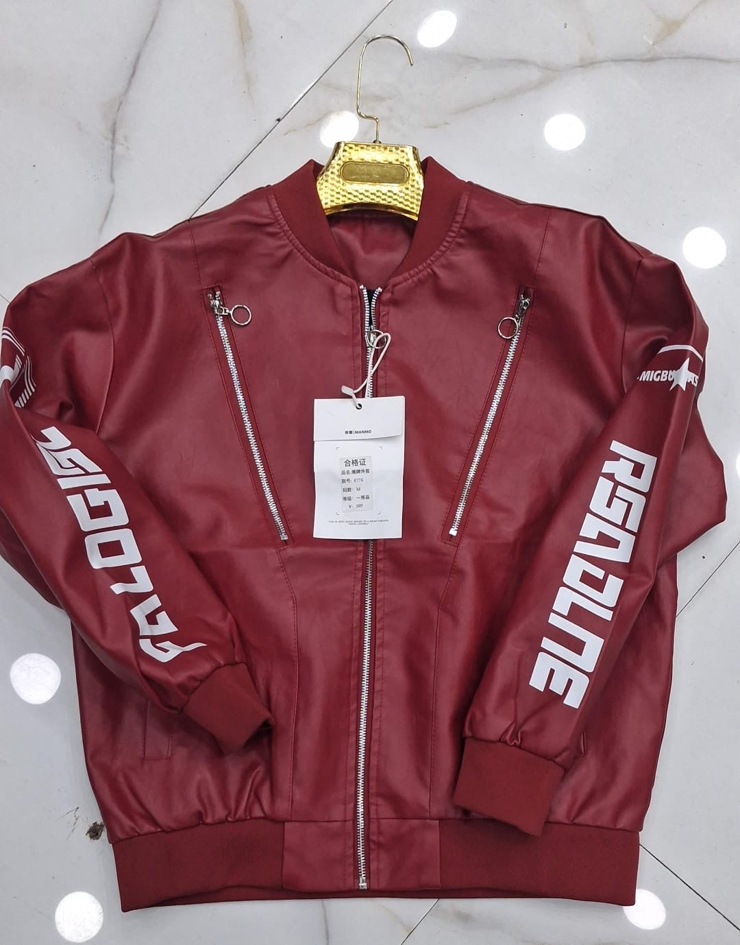 MANMO Red Colour Rsadlne Print Multi Zip Premium Quality Unisex Imported  Leather Jacket