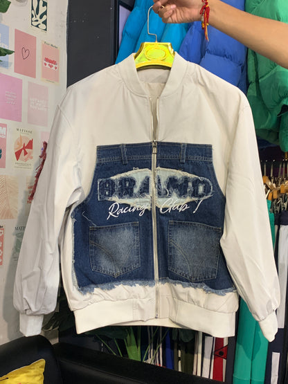 BRAND RACING CLUB White Colour With Rugged Blue Denim Embroidery Design Premium Quality Unisex Varsity Jacket 012