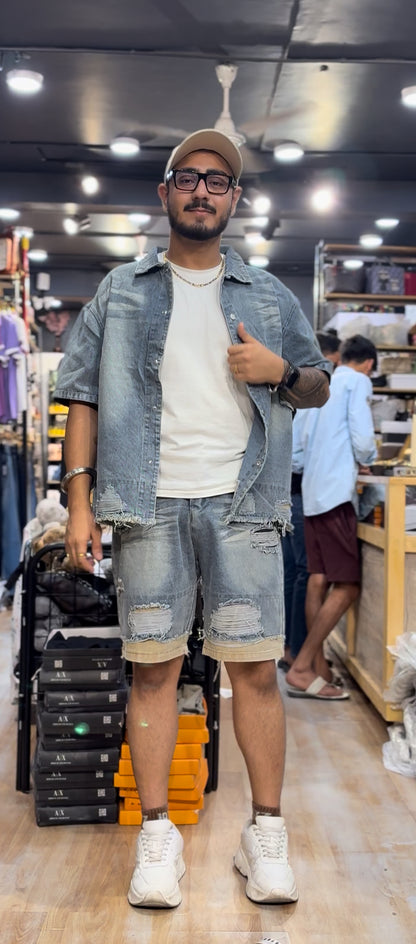 Blue Grey Rugged Half Sleeve Shirt With Shorts Denim Coord Set 7723