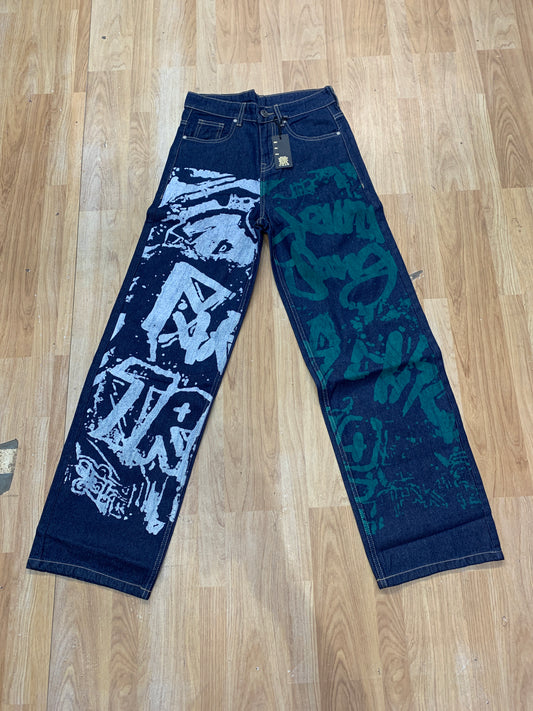 PHYSIX Navy Blue Jeans Panted White Green Straight Fit H9099