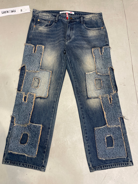 DRAKON Blue Colour Denim Patch Work Premium Quality Loose  Fit Imported Denim Jeans 5097-A