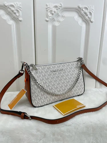 CIM MK Print Beige Brown With Silver Chain Premium Quality Ladies Sling Bag 60033