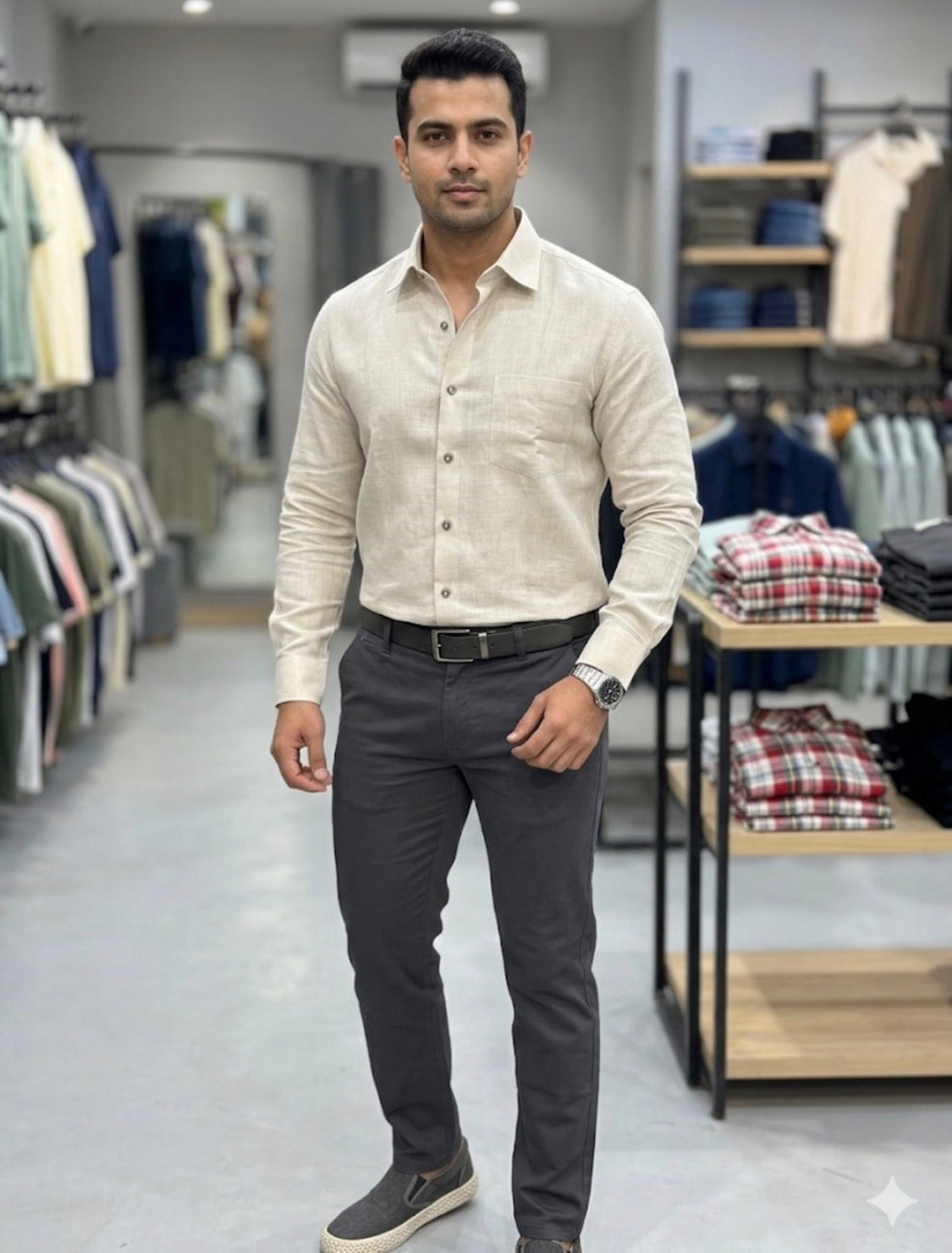 AQUARIUS Cream Colour Premium Quality Plain  Full Sleeve Linen Shirt 990841