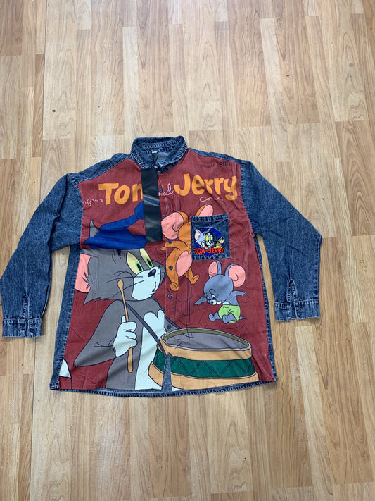 Shirt denim sleeve & collar Red Colour Tom and Jerry print 88810