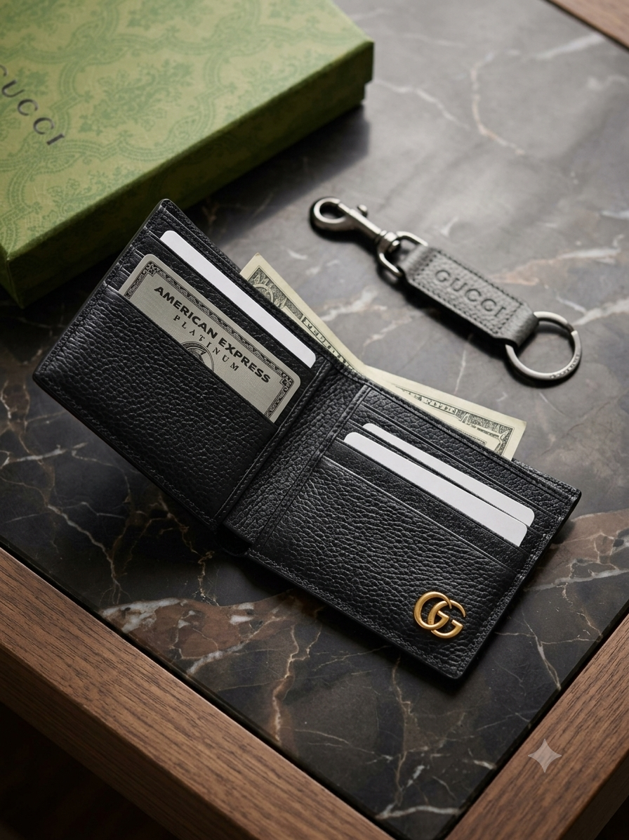 CUG GUC Black Colour Leather Men’s Wallet Card Holder & Key Chain Gift Combo Set 991354