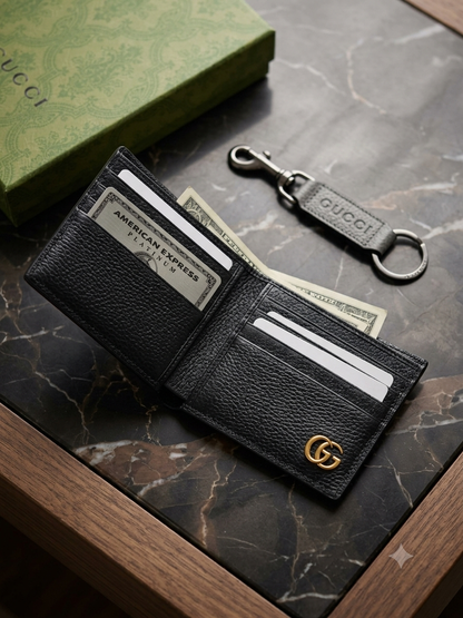 CUG GUC Black Colour Leather Men’s Wallet Card Holder & Key Chain Gift Combo Set 991354