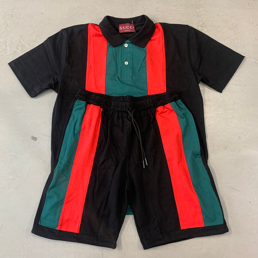 CUG GUC Black Colour Red Green Stripe Coller T Shirt With Short Coord Set 990338