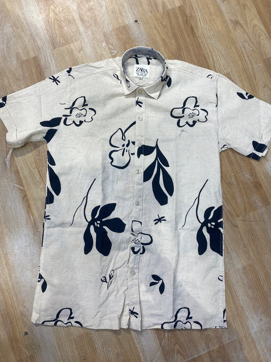 RAZ ZAR Cream Colour Navy Print Half Sleeve Linen Shirt 988991