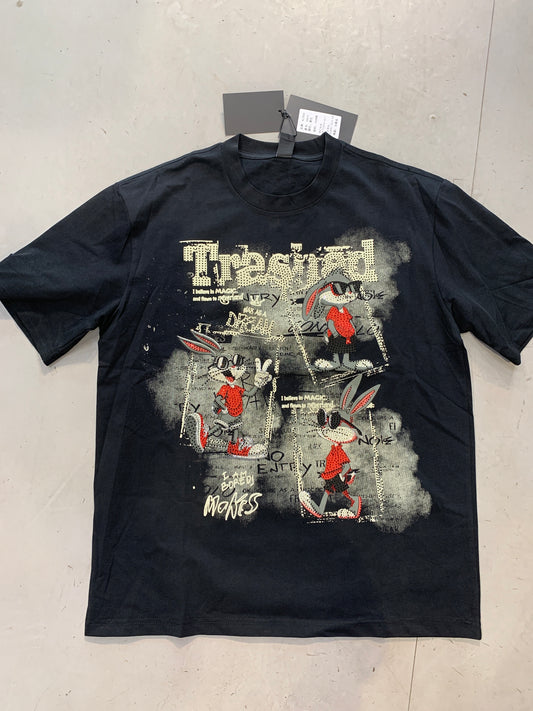 ALINDA HOMME Black Grey Colour Trashad Bunny Stone Print Imported Oversized Unisex TShirt 39970