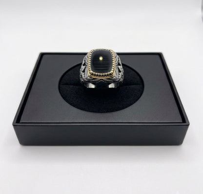 Golden Outline Black Stone Stylish Silver Ring for Men 991096