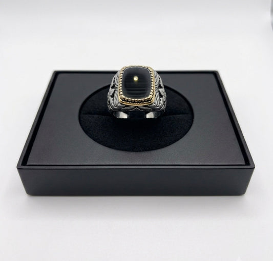 Golden Outline Black Stone Stylish Silver Ring for Men 991096