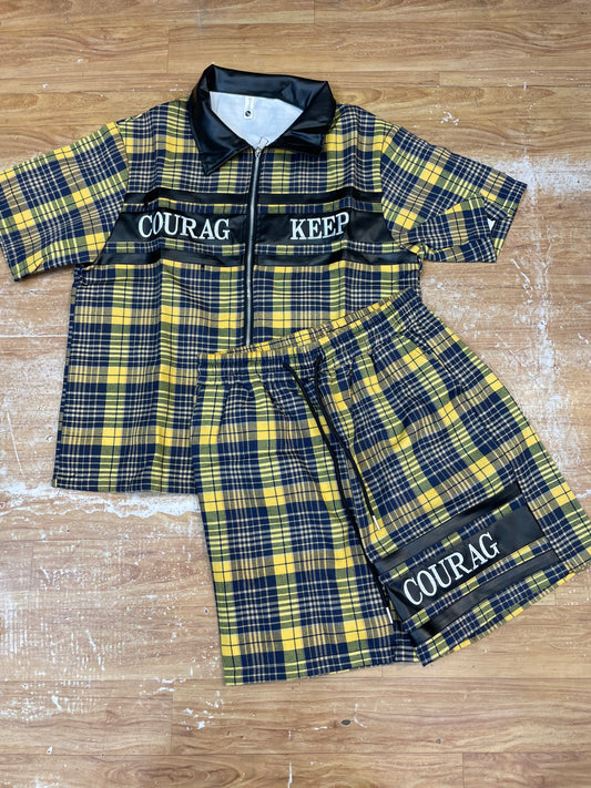 FASHION LINE Courag Keep Yellow Blue Check With Black Leather Collar Premium Quality Imported Unisex Coord Set 990703