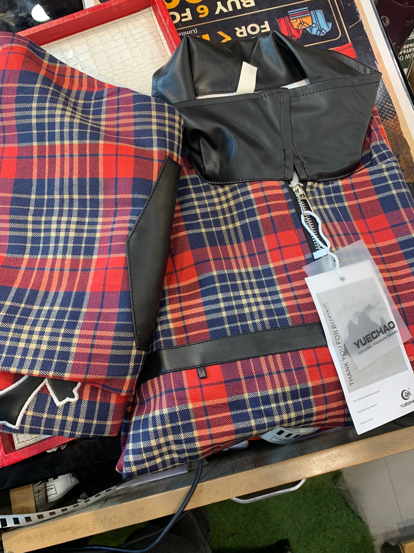 FASHION LINE Black Red Check With Black Leather Collar Premium Quality Imported Unisex Coord Set