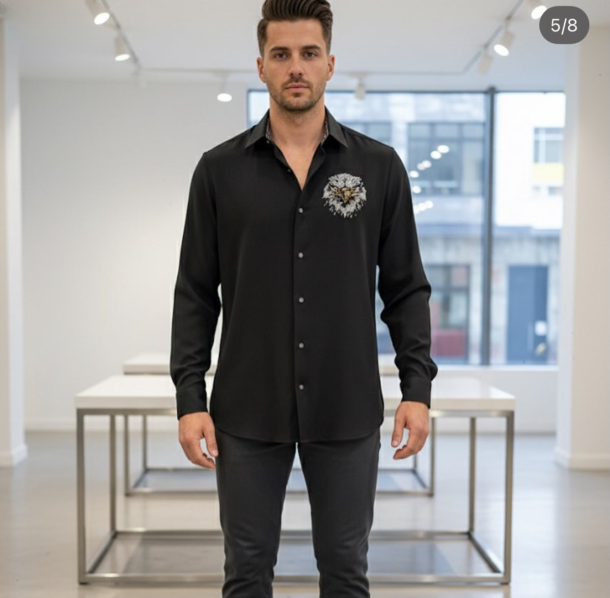 AQUARIUS Black Colour Eagle Gold Black White Stud Design Premium Quality Full sleeve Shirt 2571