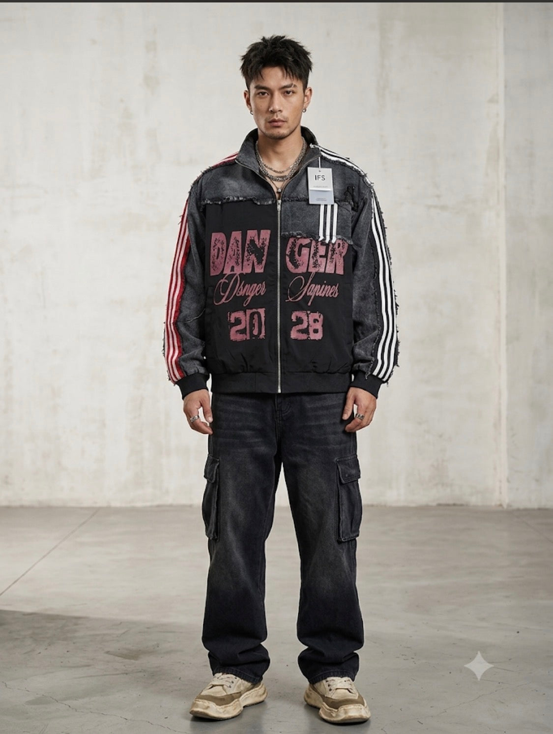 DANGER Black Colour With Rugged Grey Denim Design Premium Quality Unisex Jacket 268F-2