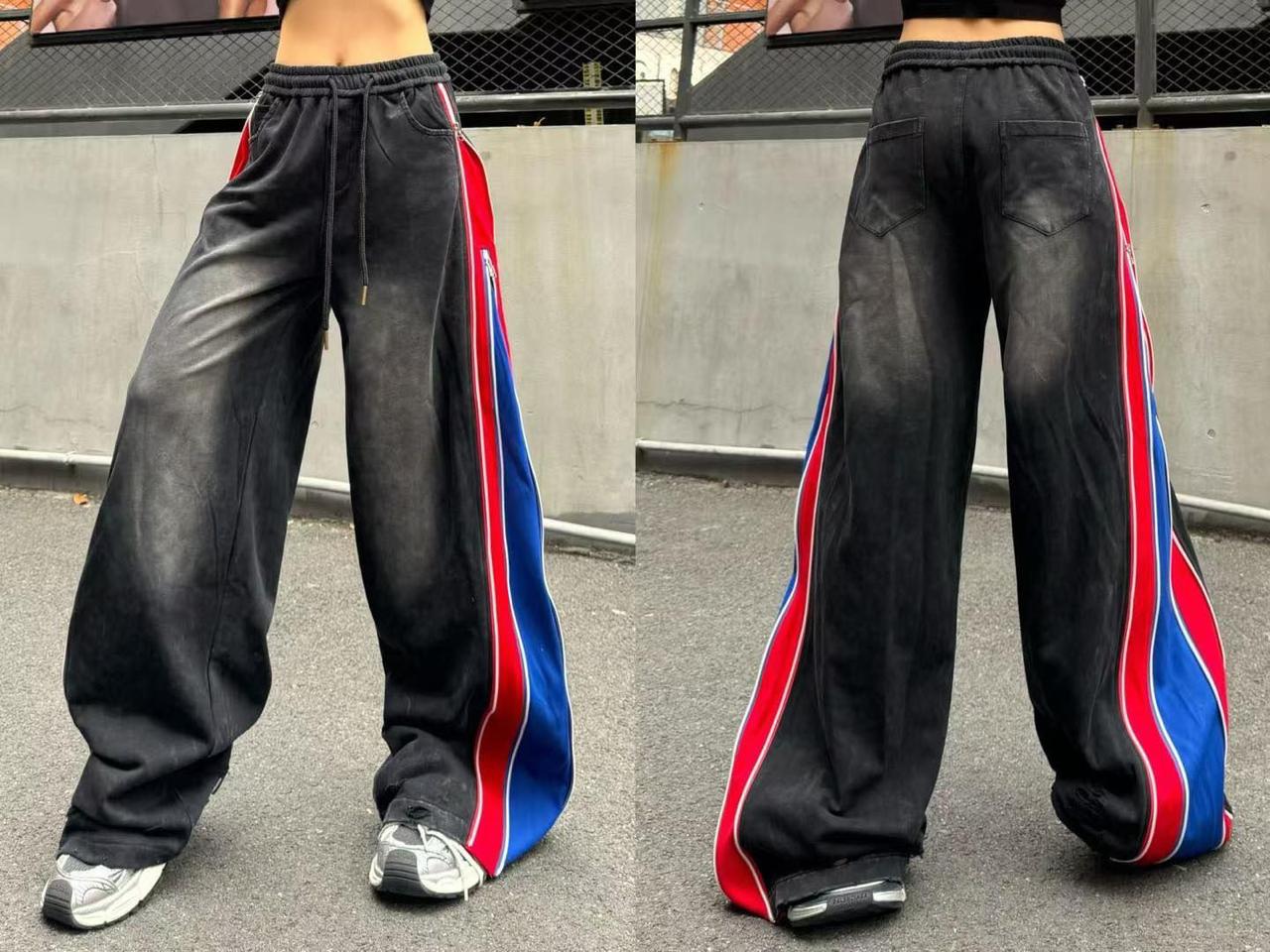 Seven+  Graise Black Red Blue Side  Zeep Open Colour Imported Baggy Fit Jeans 37873