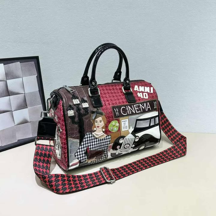 CINEMA Patch Work Stylish Lady Stud & Pearl Work Premium Quality Multicolour Leather Small Duffle Bag 414#